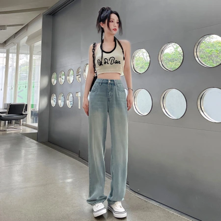 Tencel jeans for women's summer, thin Lyocell high-waisted loose, ice silk drape wide-leg, fashionable and versatile straight-leg pants Tencel jeans for women's summer, thin Lyocell high-waisted loose, ice silk drape wide-leg, fashionable and versatile straight-leg pants